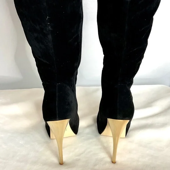 Black Scene Weaver Velvet Lucille Knee High Lace Up Boots Gold Chain Size 6 - Picture 8 of 16